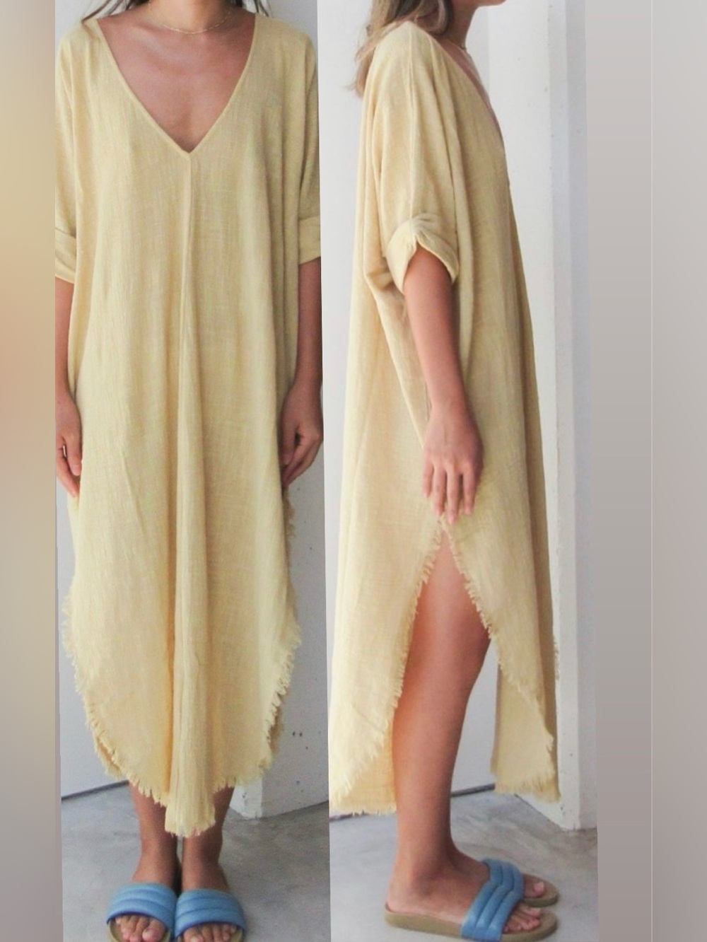 Gillia Zane Kaftanโ Dress Deep V Round Fringe Raw Hem M